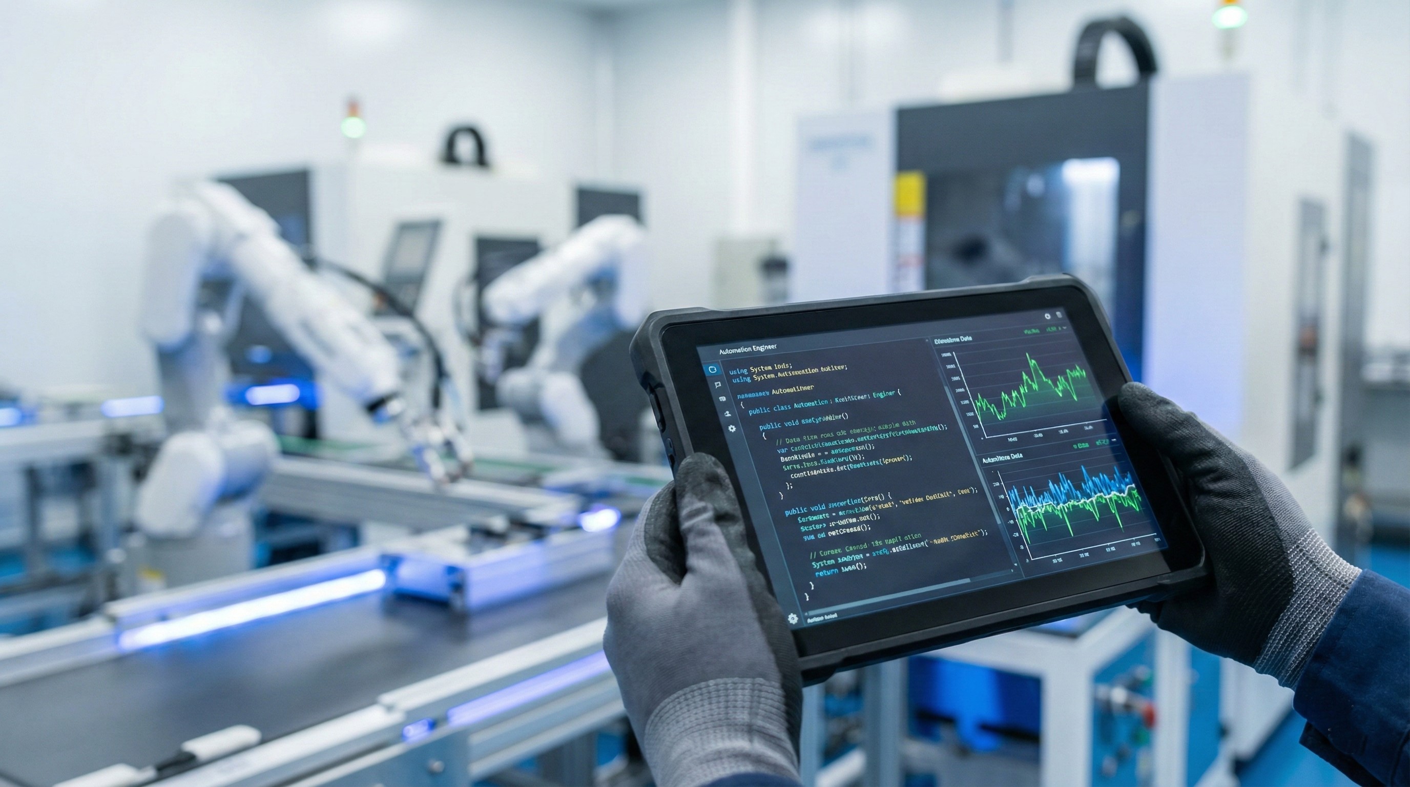 วิศวกรกำลังเชื่อมต่อระบบซอฟต์แวร์เข้ากับเครื่องจักร