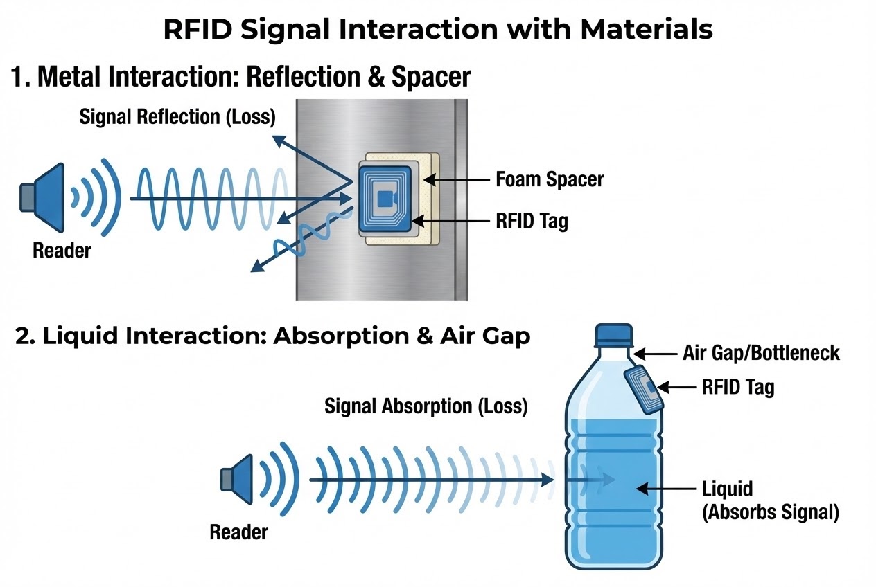 RFID Waves Physics on Metal and Liquid